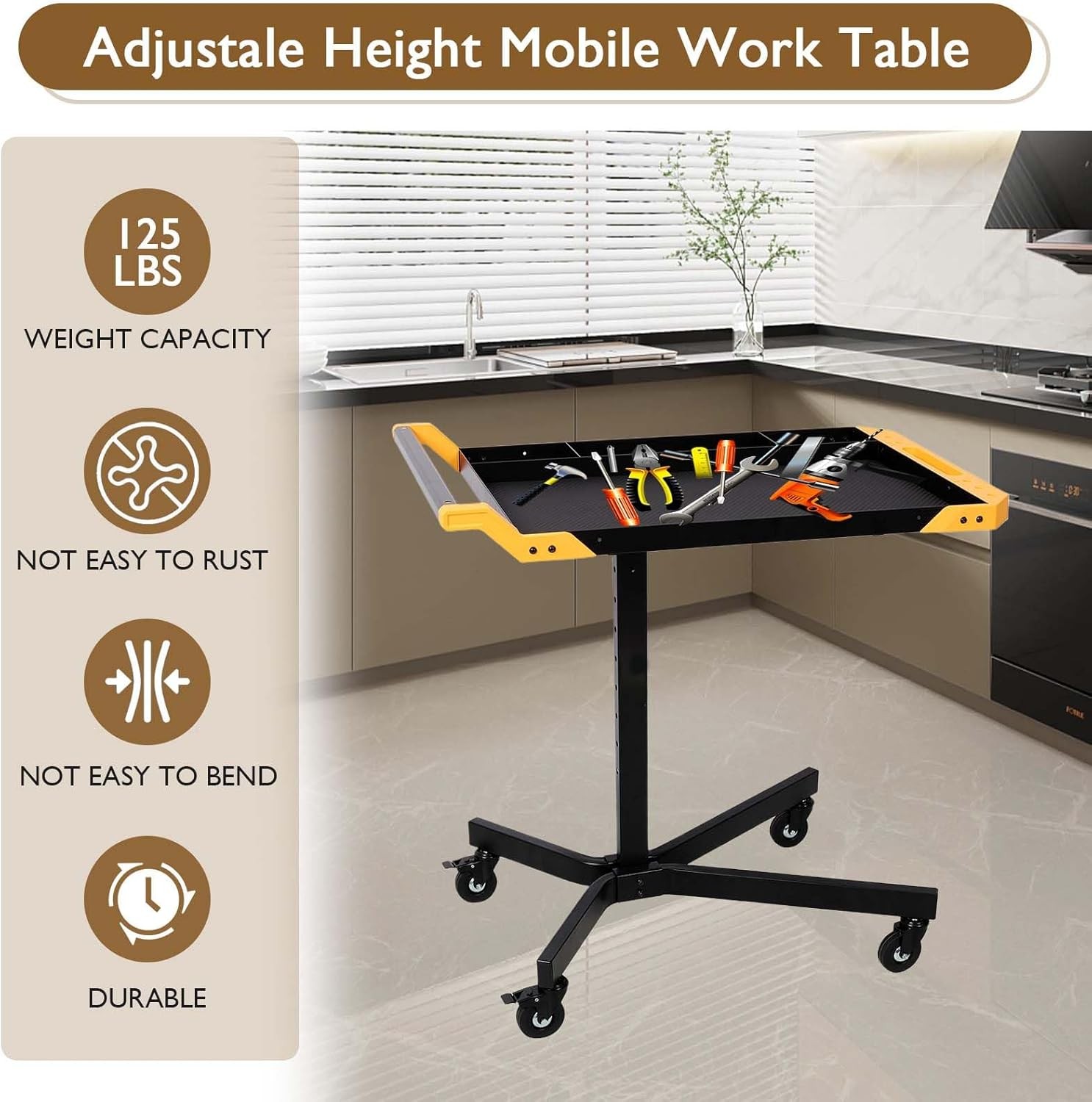 Adjustale Height Mobile Work Table,Rolling Tool Tray Table,Garage, Repair Shop