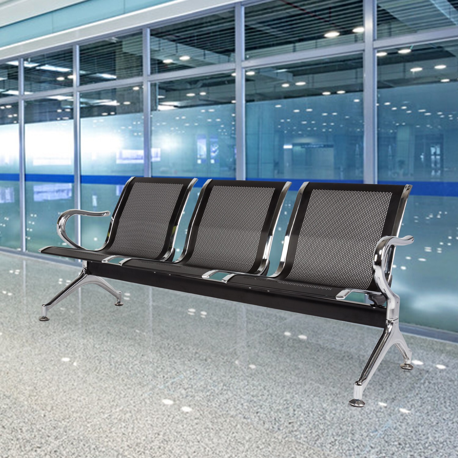 2PC 3-Seat Airport Reception Waiting Room Chairs Office Salon Barber Bench Black