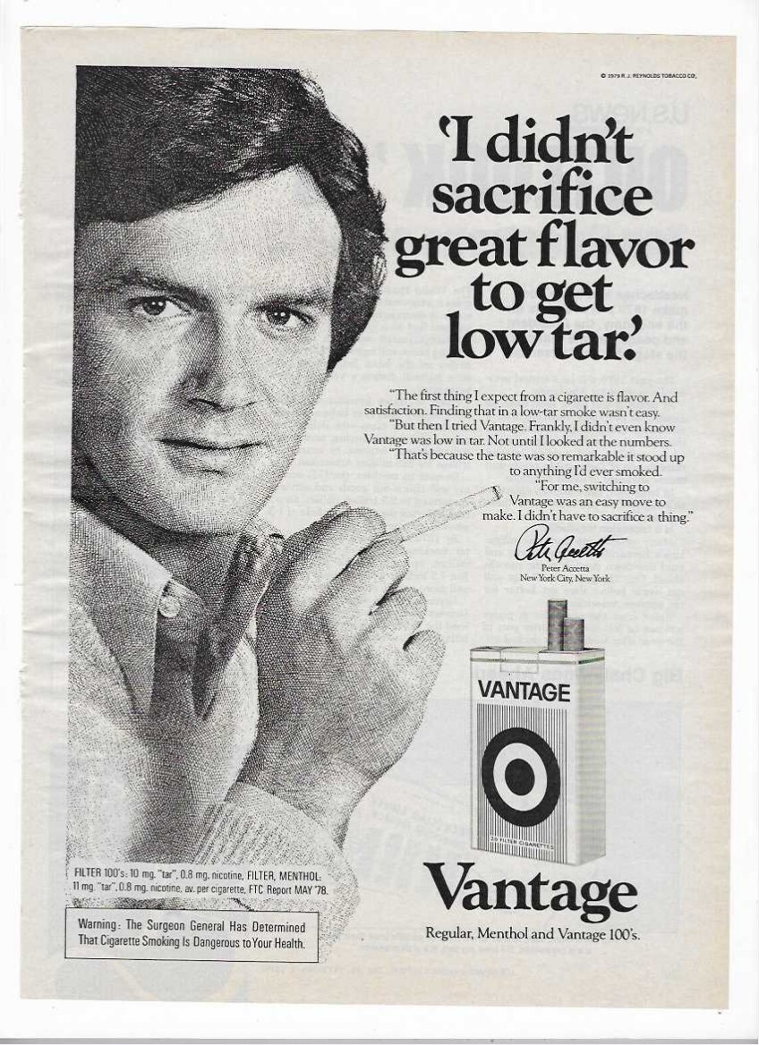 Vantage Cigarettes Peter Accetta 1979 Vintage Tobacco Advertisement