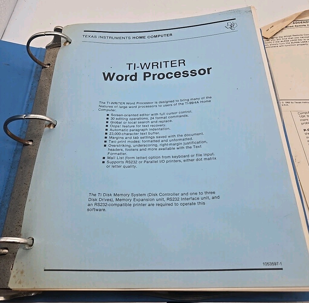 Texas Instruments Home Computer Binder TI-WRITER/WORD PROCESSOR TI-99/4A (22)
