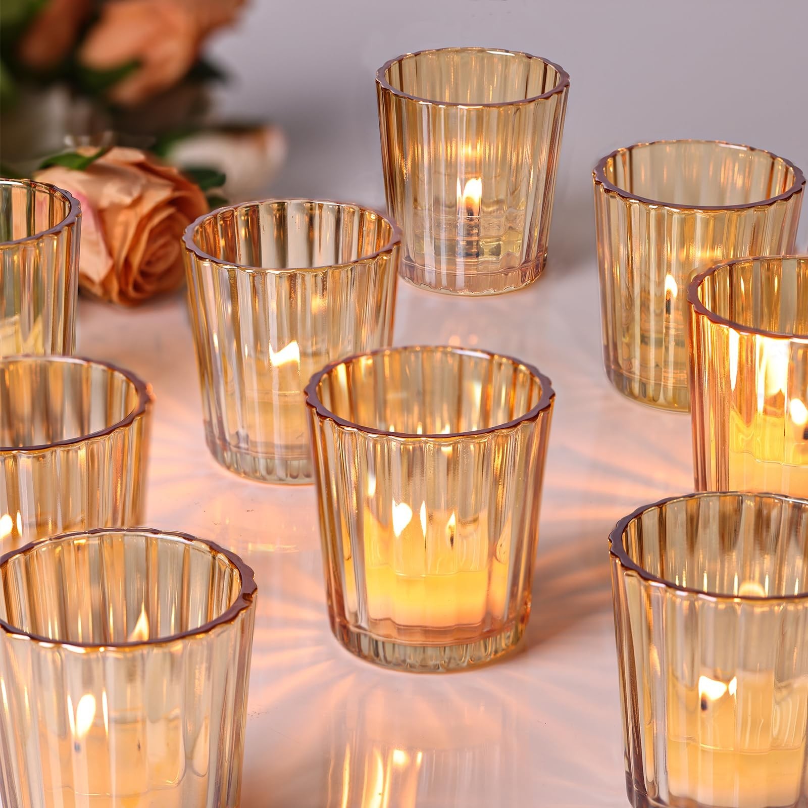 NITIME 24PCS Vintage Ribbed Gold Votive Candle Holders, Glass Candle Holder f...