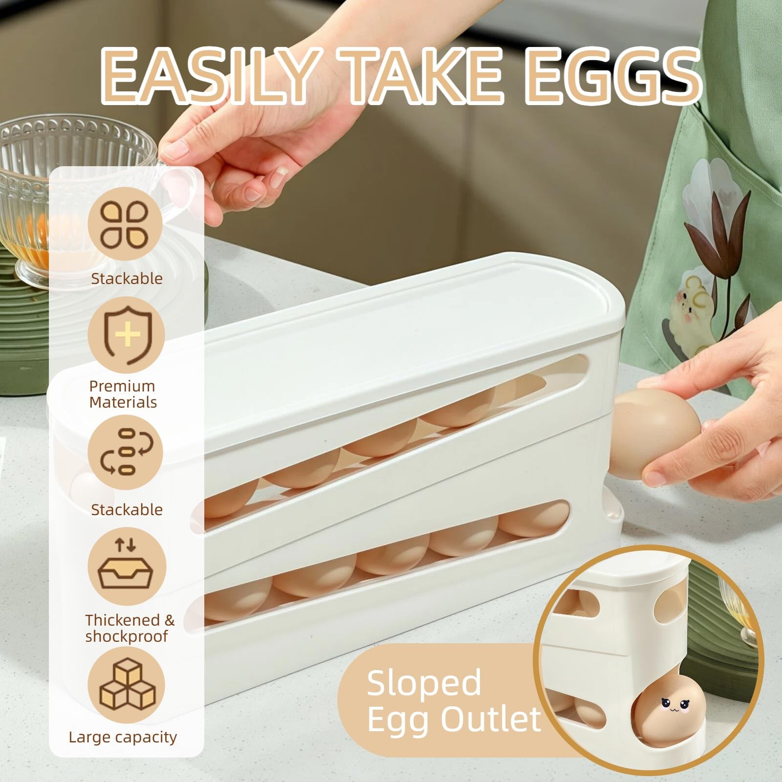 Egg Holder for Fridge, Automatic Rolling Egg Organizer for Refrigerator, Stac...