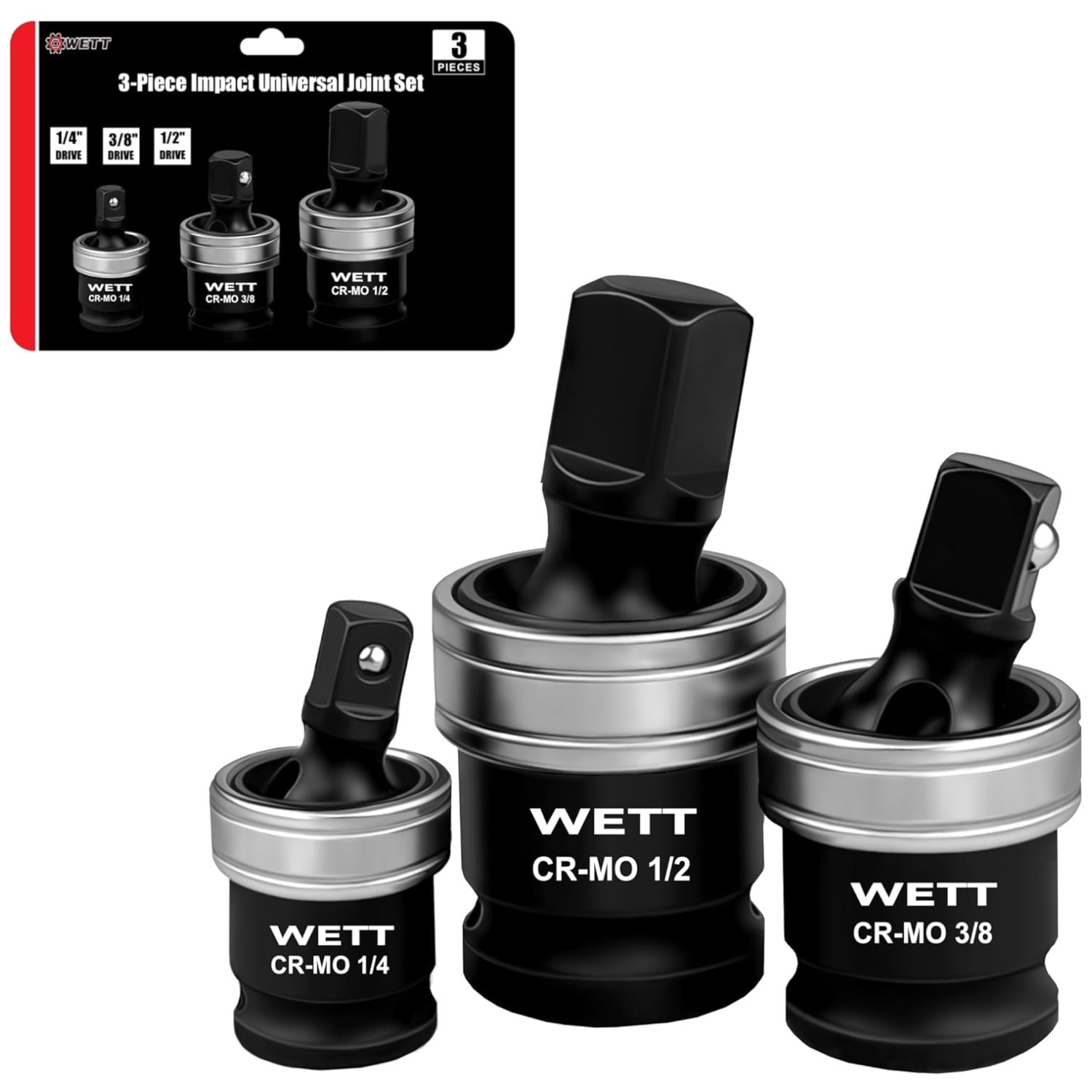 WETT 3-Piece Impact Universal Joint Set, 1/2", 3/8" and 1/4" Drive Socket Swivel