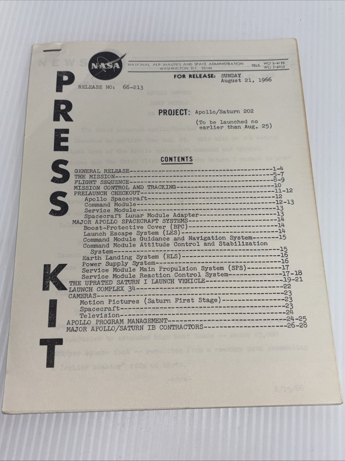 NASA PRESS KIT 1966 Project: Apollo/Saturn 202 VINTAGE Release NO: 66-213