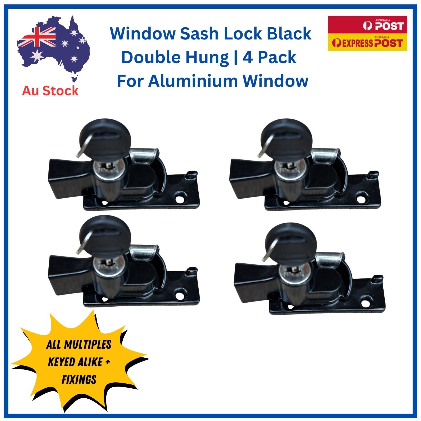 Window Black Sash Double Hung Key Lock Wide Base | For Aluminium Window | 4 pack