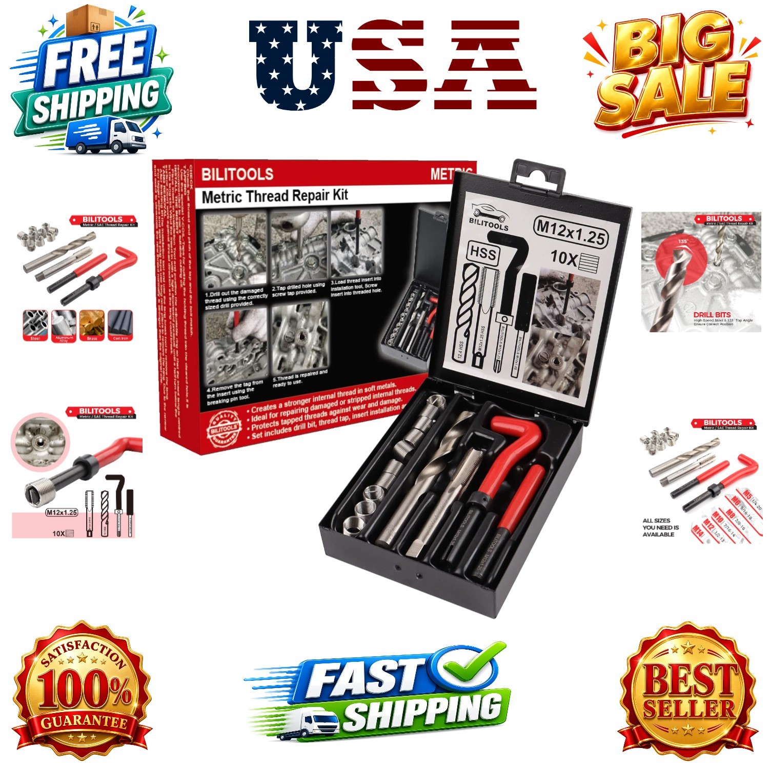 M12x1.25 Thread Repair Kit, HSS Drill Helicoil Repair Kit Metric