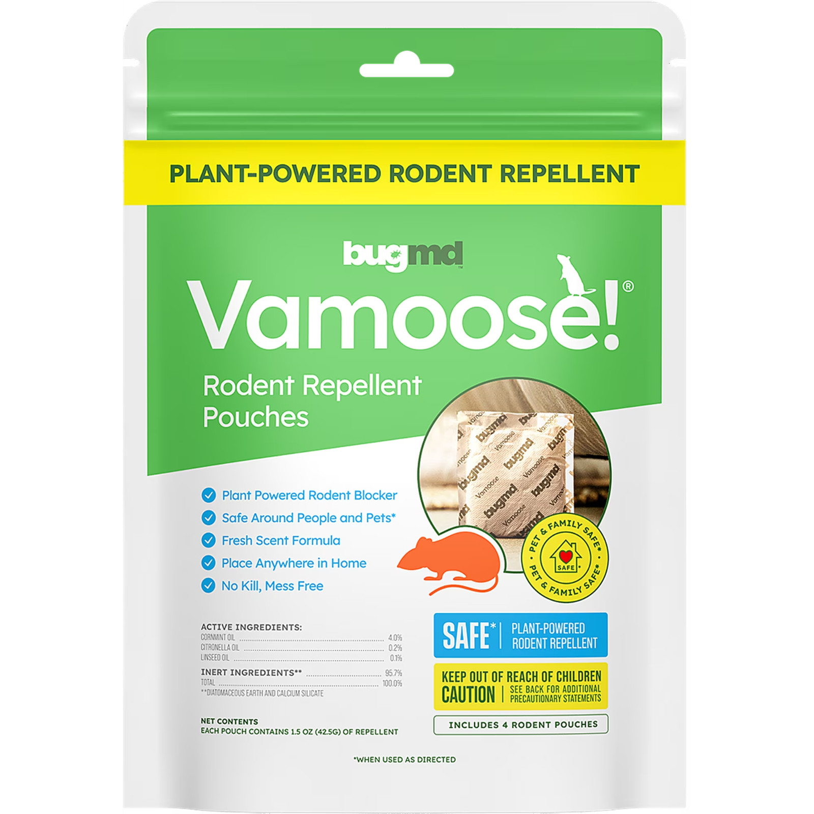 Vamoose, Rodent Pouches, Plant-Powered Rat, Works Anywhere 1 Pack, 4 Pouches
