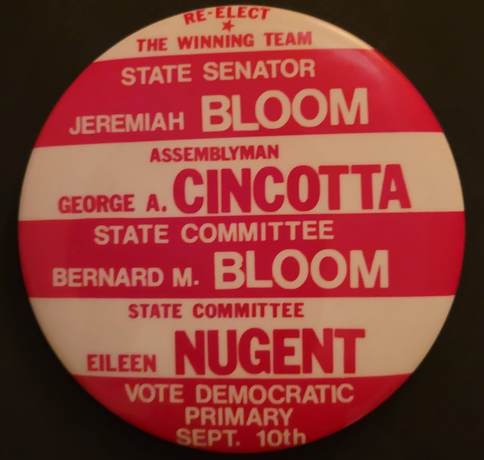 Elect Jeremiah BLOOM, George CINCOTTA, Bernard BLOOM, Eileen NUGENT. Pinback 4"