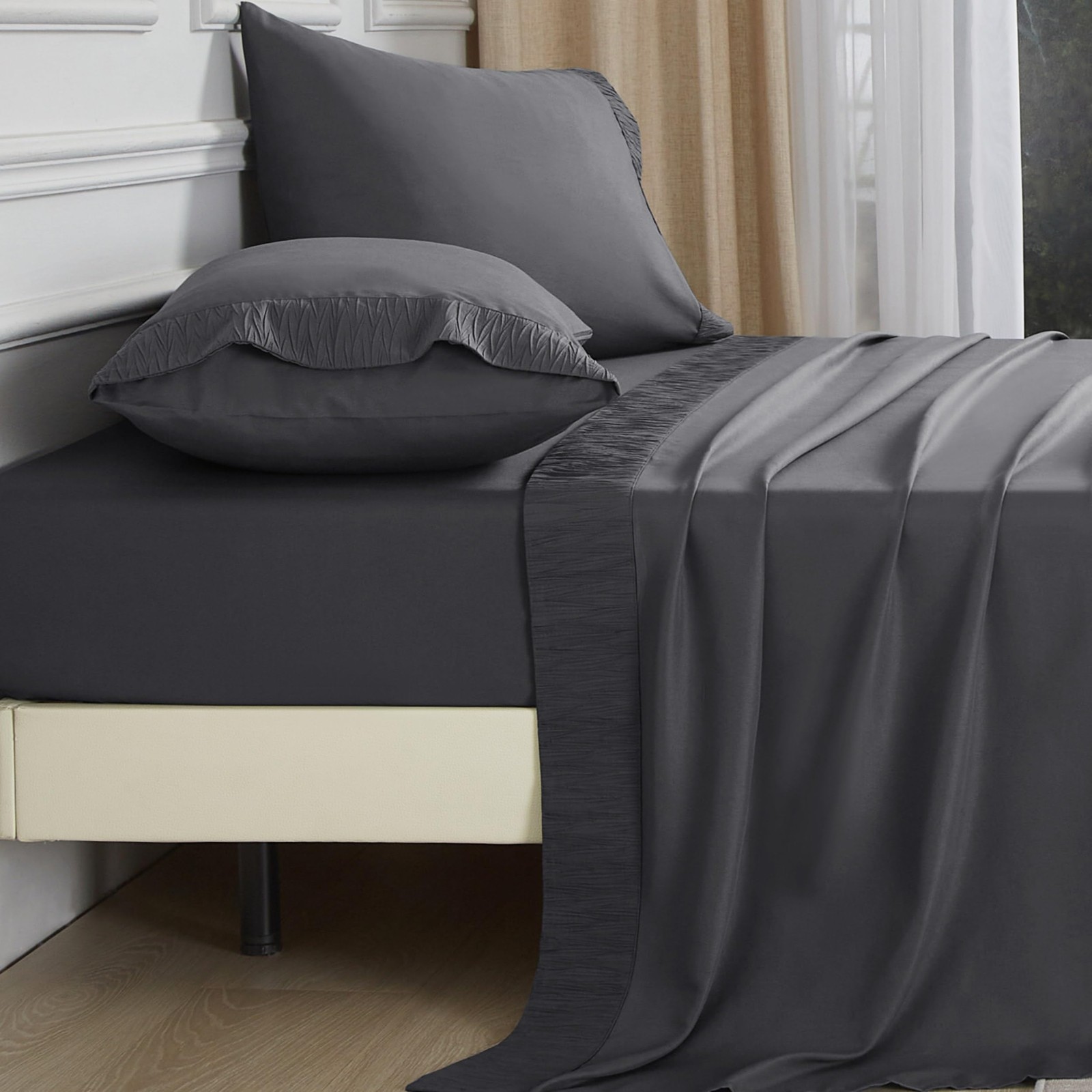 4 PCS Dark Grey Full Sheet Set Refined Pleated Cooling 14 Inch Deep Pocket
