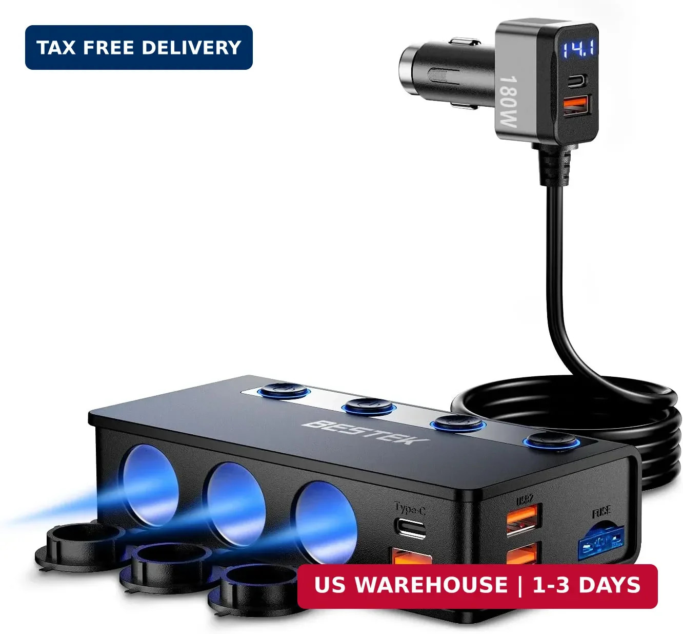 180W Cigarette Lighter Splitter, 3-Socket Car Cigarette Lighter with PD36W/65W a