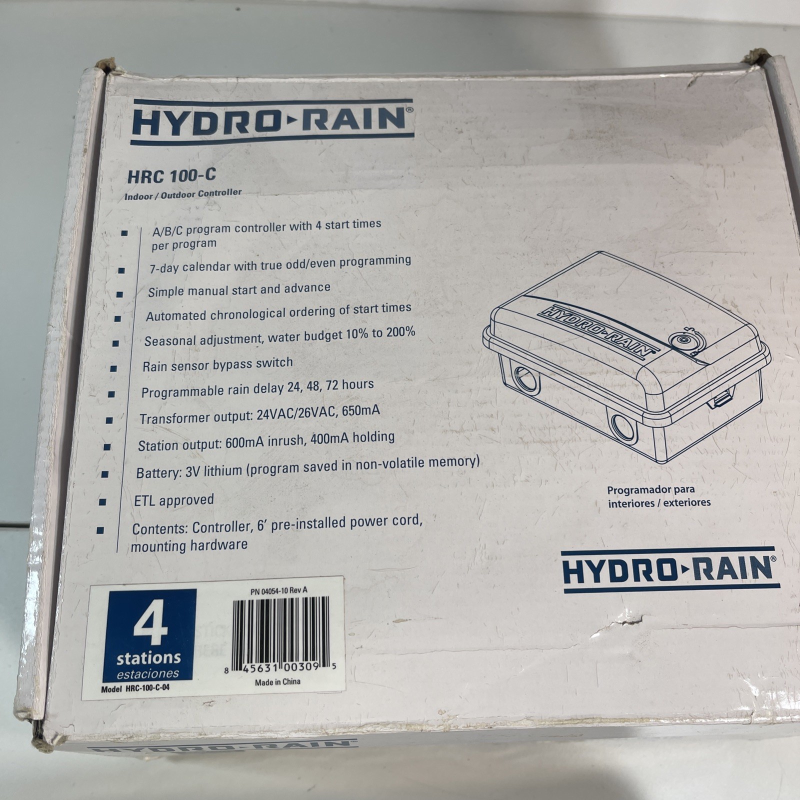 Hydro-Rain Indoor/Outdoor Irrigation Controller & Timer /4 Stations/HRC 100 C
