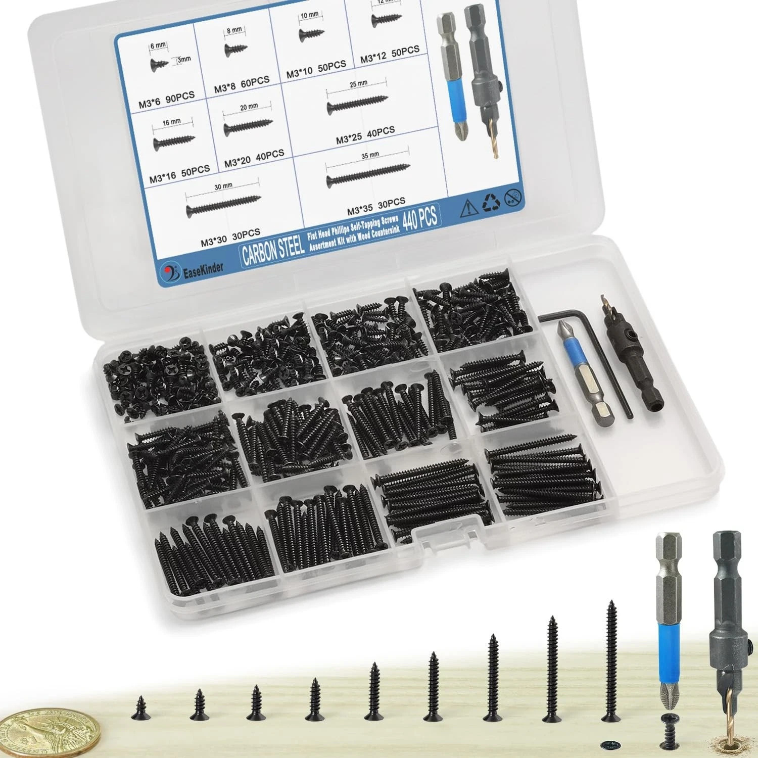 440PCS Flat Head Phillips Wood Screws Assortment Kit, Carbon Steel Self-Tapping