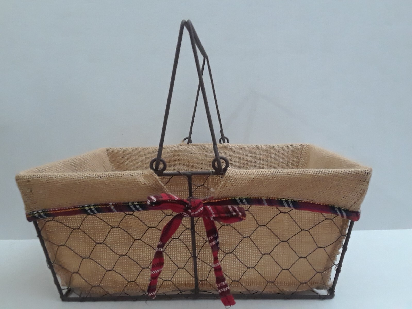 Vintage Wire Rectangular Basket Decorated Burlap Lining Farmhouse 13 in x 9.5 in