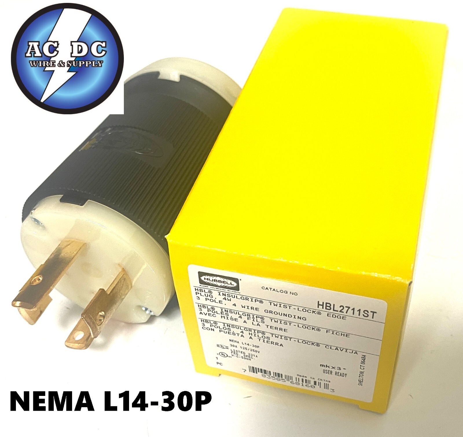 HUBBELL TWIST-LOCK PLUG HBL2711ST 30A  125/250VAC NEMA L14-30P 3P 4W GROUNDING
