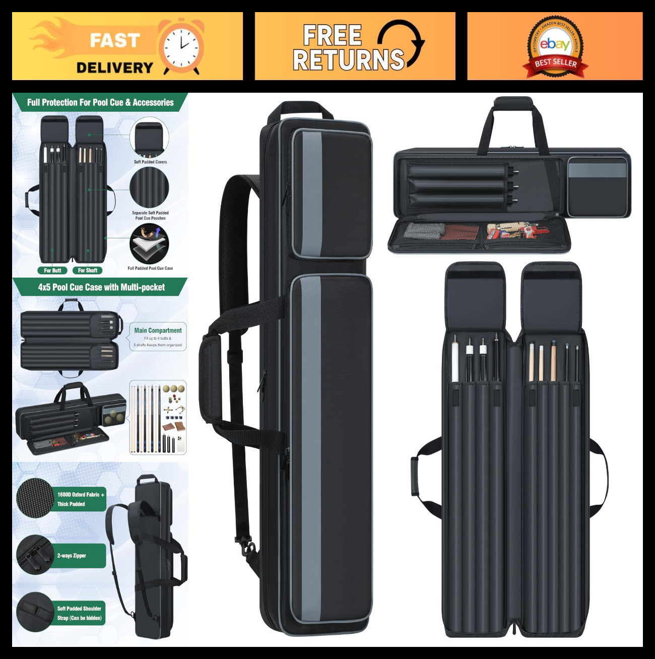 Padded Pool Cue Case 4x5, Soft Billiard Stick Bag with Multi-Pockets & Backpack