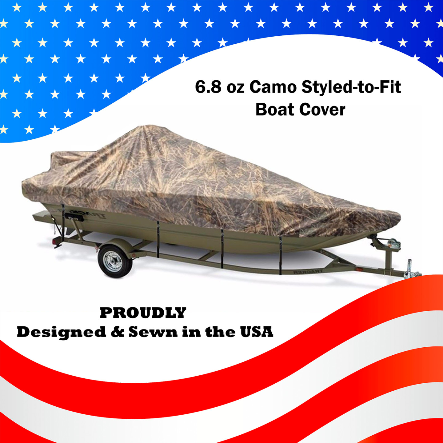 Camo Boat Cover for TRACKER Boats Sewn in the USA Heavy-Duty Trailerable
