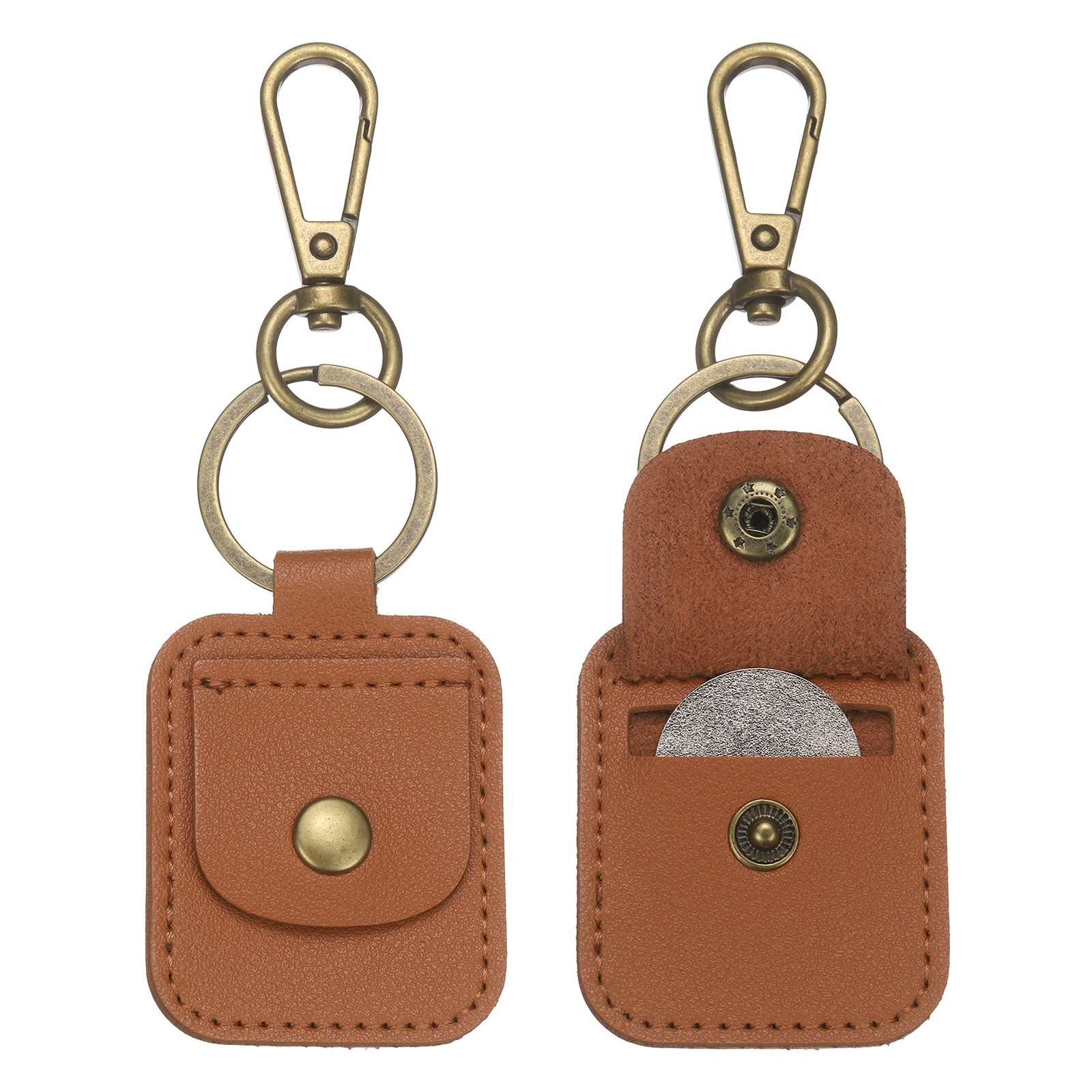 2 Pack Quarter Leather Keychain, PU Leather Key Ring Coin Case, Brown