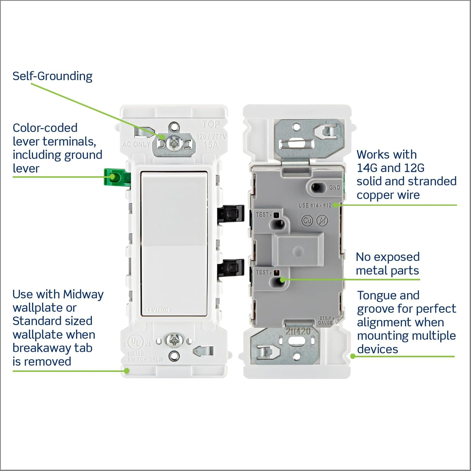 Lever Edge 15 Amp Single Pole Rocker Switch, 10-Pack, E5601-MW, White