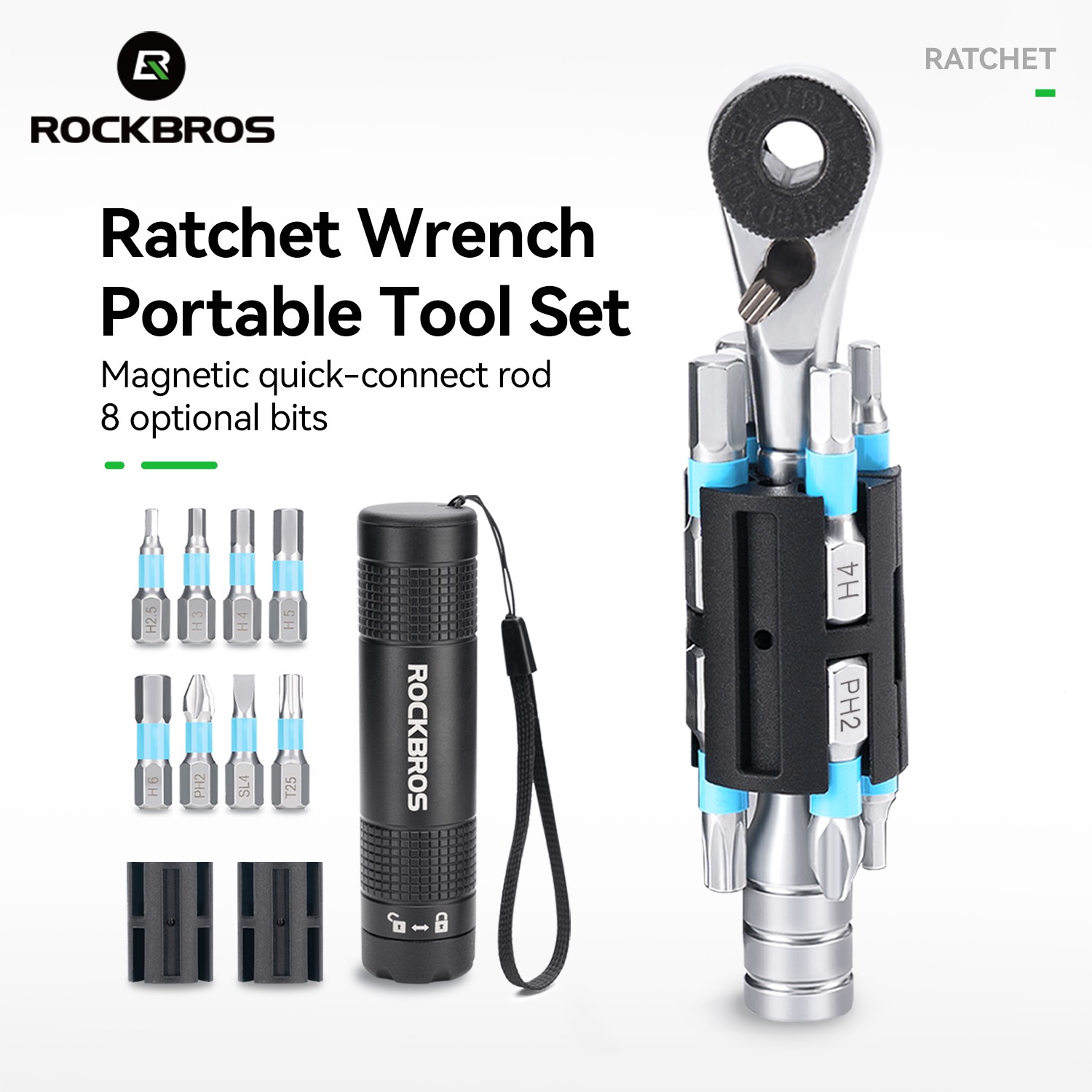 ROCKBROS Two-way Ratchet Wrench Portable Tool Set Magnetic Quick Release+8 Bits