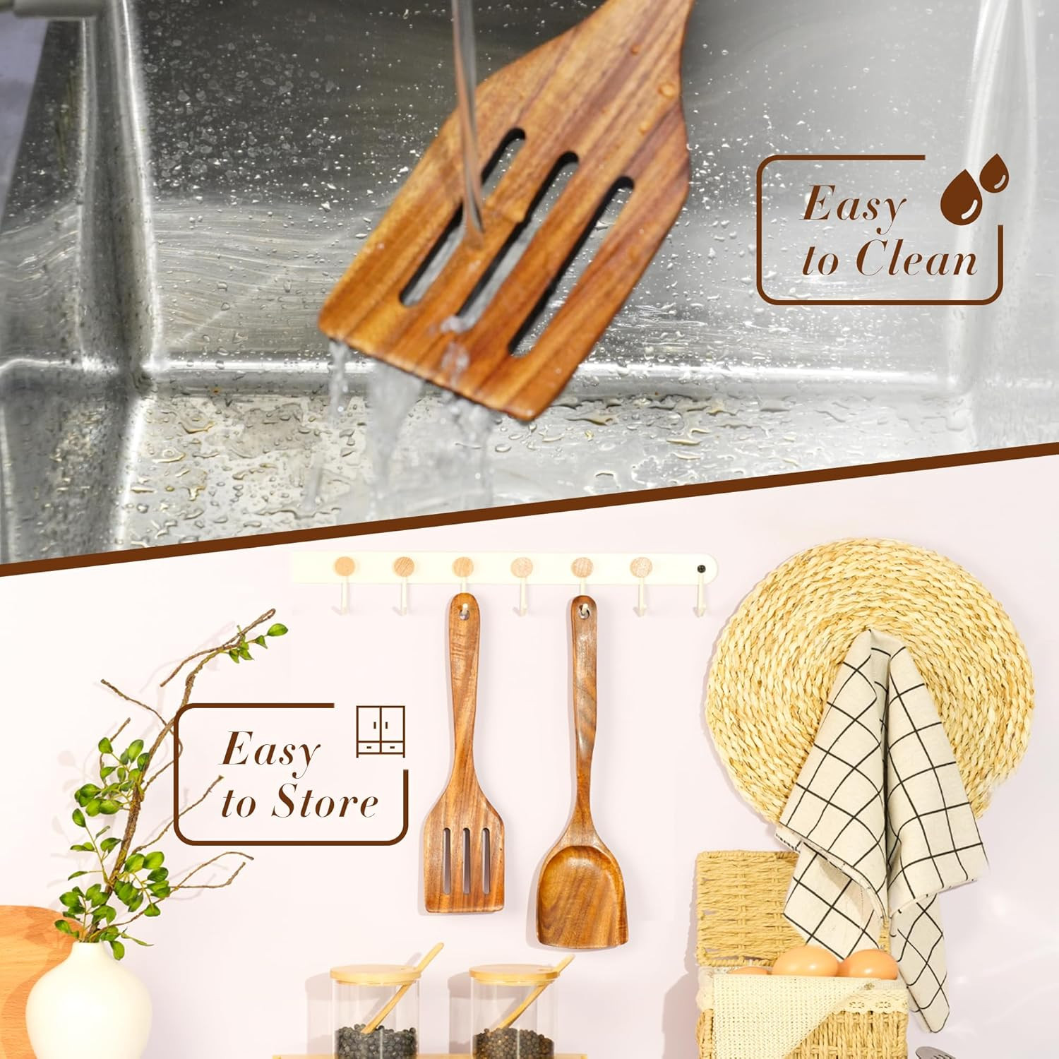 FJNATINH 2 Pcs Wooden Spatula Set for Cooking, Natural large, 2pcs