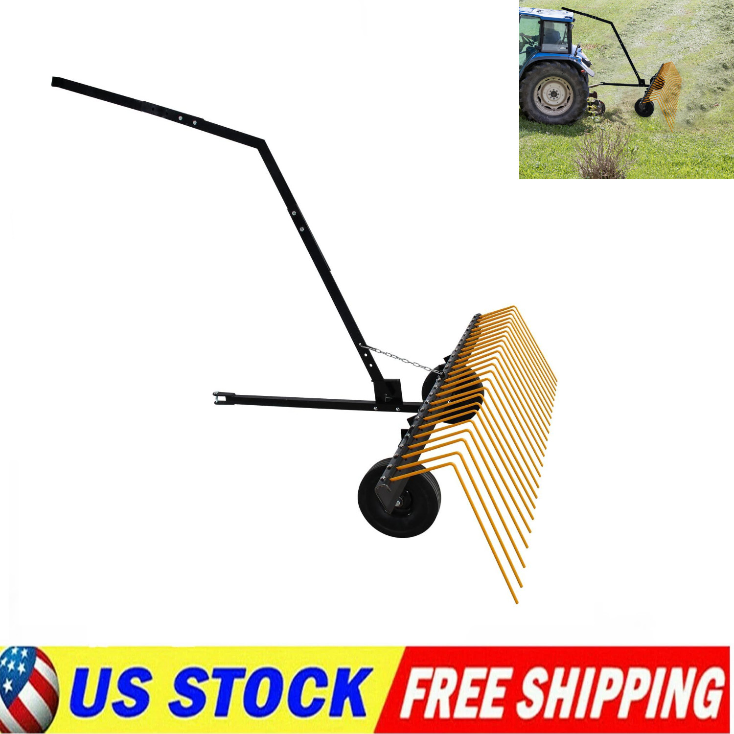 60" ATV Tow Behind Heavy Duty Steel Lawn Straw Rake Lawn Tractor Landscape Rake