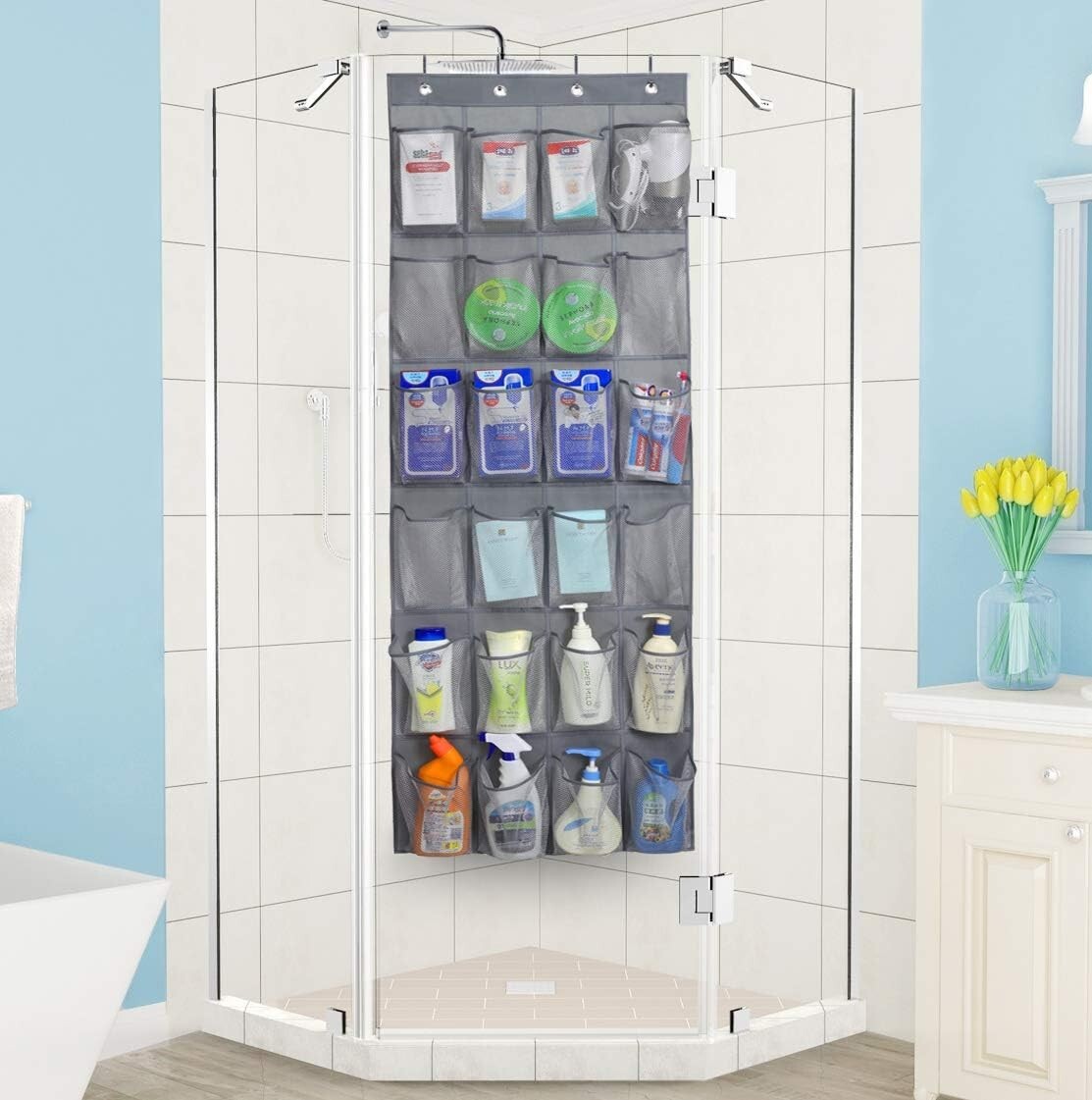 Compact Gray Shoe Rack Holder with 24 Large Mesh Pockets - Space-Saving Design