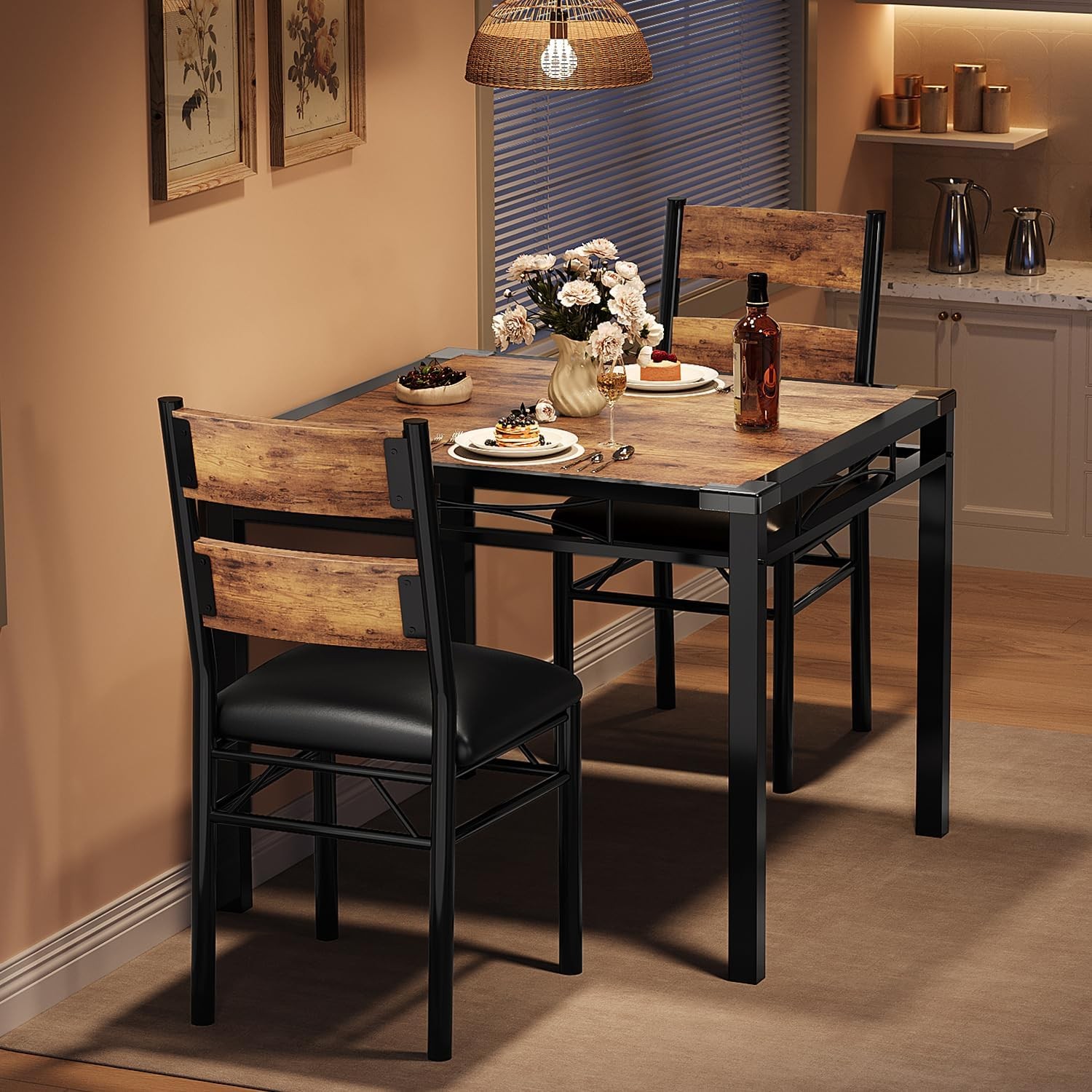 Dining Table Set for 2 with Upholstered Chairs Wood Kitchen Table Chairs Set