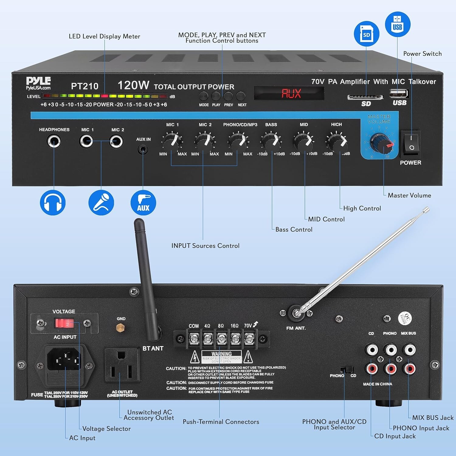 Compact PA Mixer Speaker Amp Pro Audio Amplifier Bluetooth Gear 70v output USB