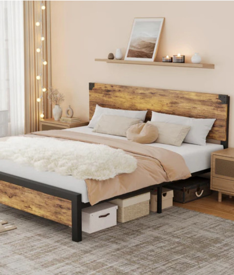 [HOT] Garvee King Bed Frame, Platform King Size Bed Frame with Wood Headboard