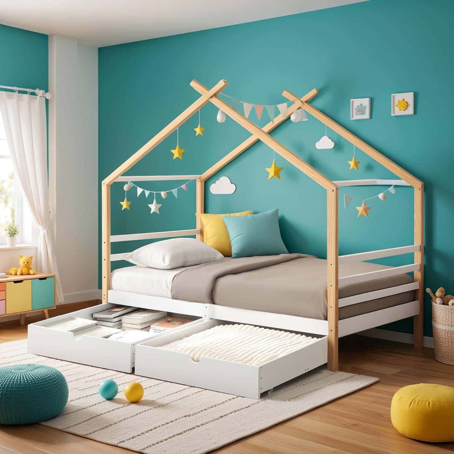 Twin Size Kids House Bed Frame 2 Storage Drawers Wooden Platform Bed