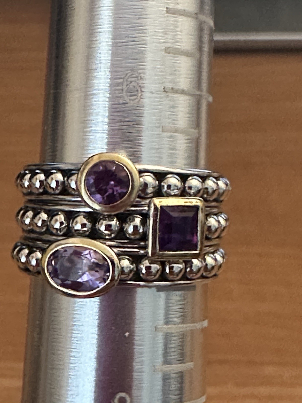 Belle Artique Sterling &14K Plated Amethyst Beaded Set of 3 Rings Size 7 NEW