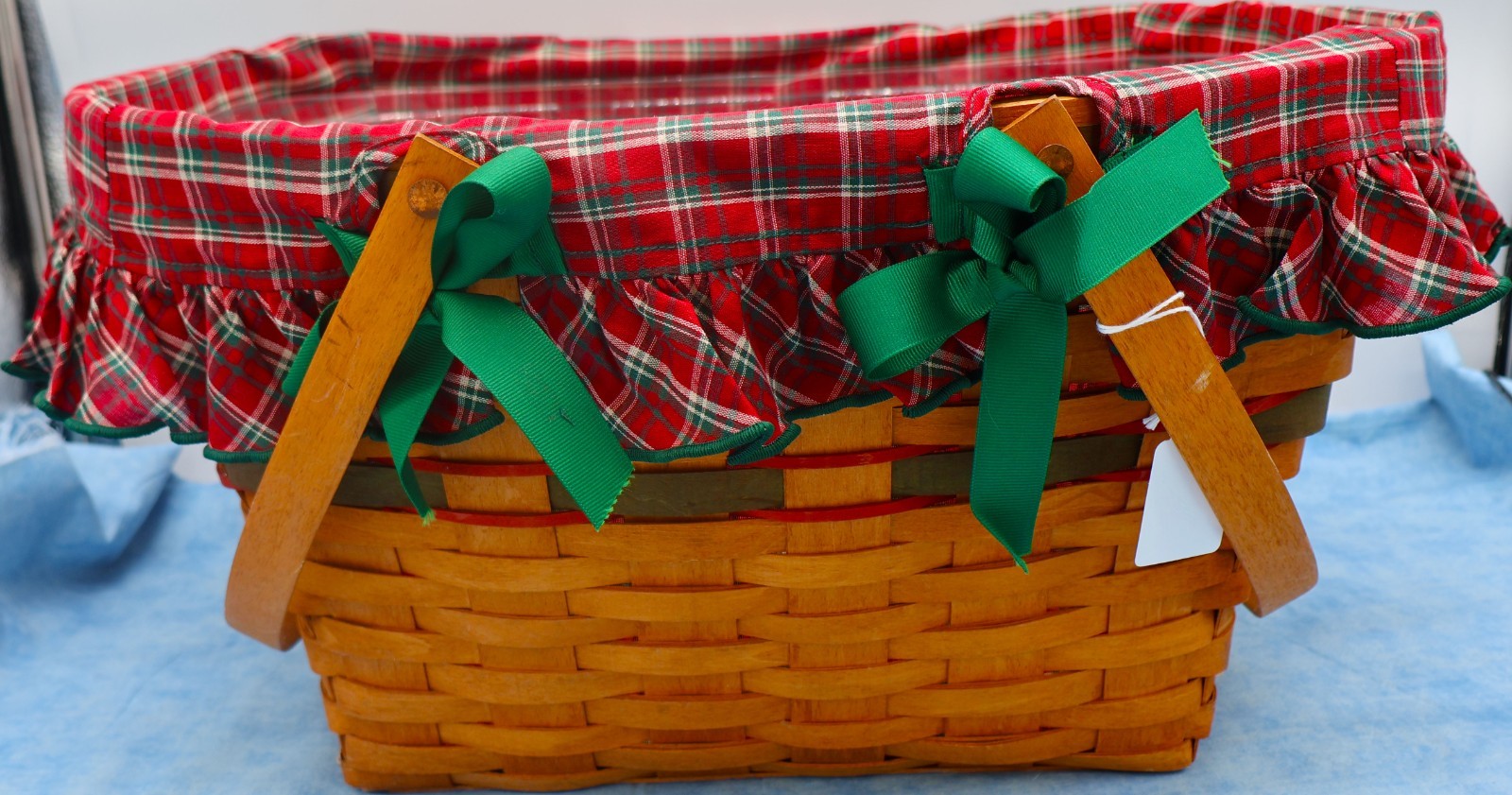 1992 Longaberger Basket with Red Plaid Holiday Liner & Protector – Handwoven USA