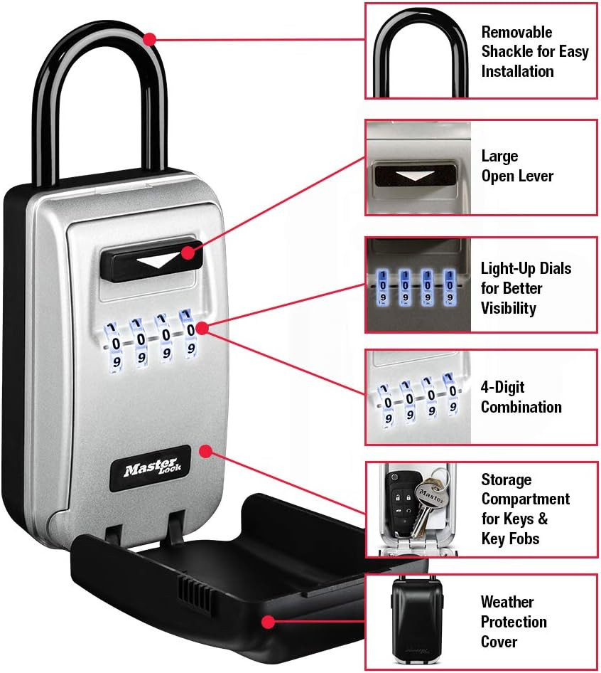 Master Lock Black Portable Key Lock Box with Light up Dials, Set/Reset Combinati
