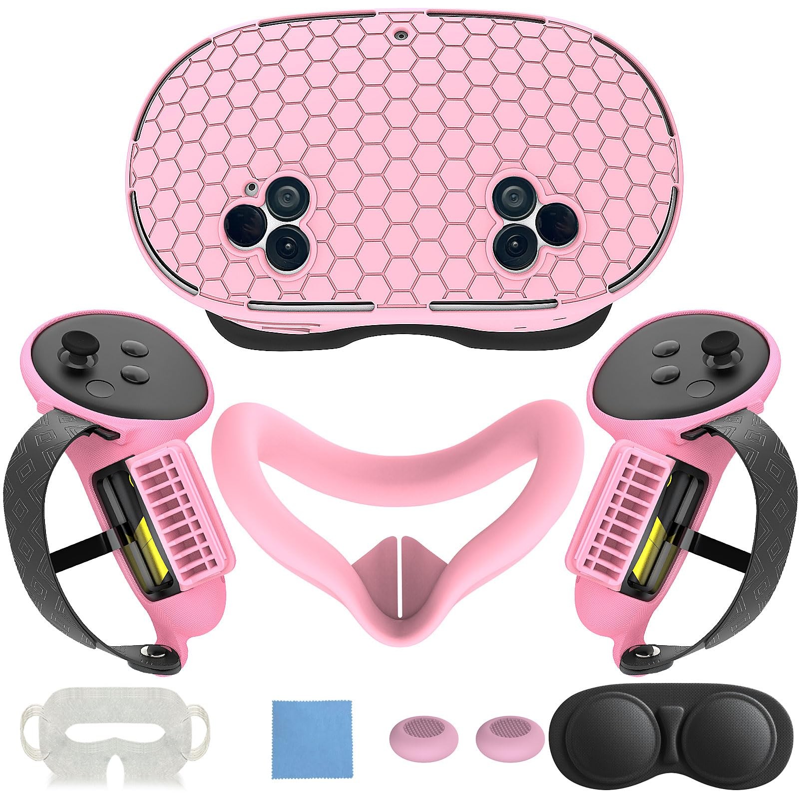 7 in 1 Silicone Cover Set Compatible with Meta for Quest 3s, Honeycomb-Pink
