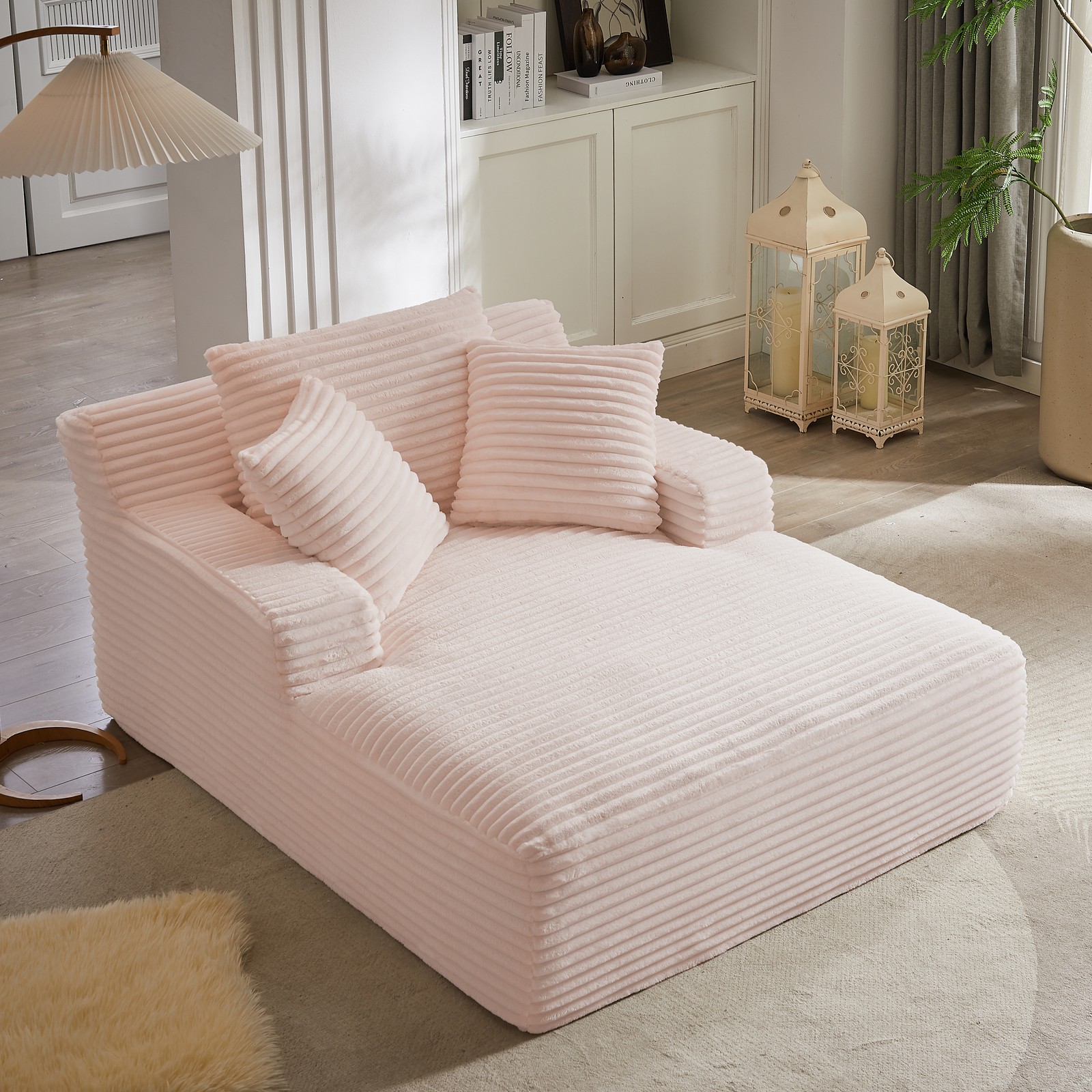 Oversized Chaise Lounge Chair Corduroy Upholstered Sofa Bed Sleeper Couch Pink
