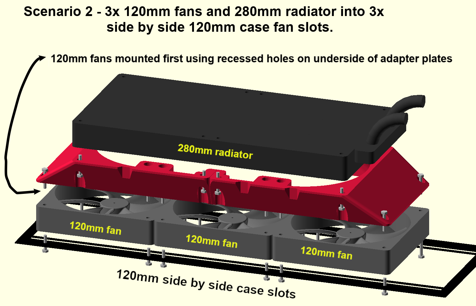 280mm Radiator +3x 120mm Fans to 3x 120mm Fan Slots Mounting Bracket Adapter Mod