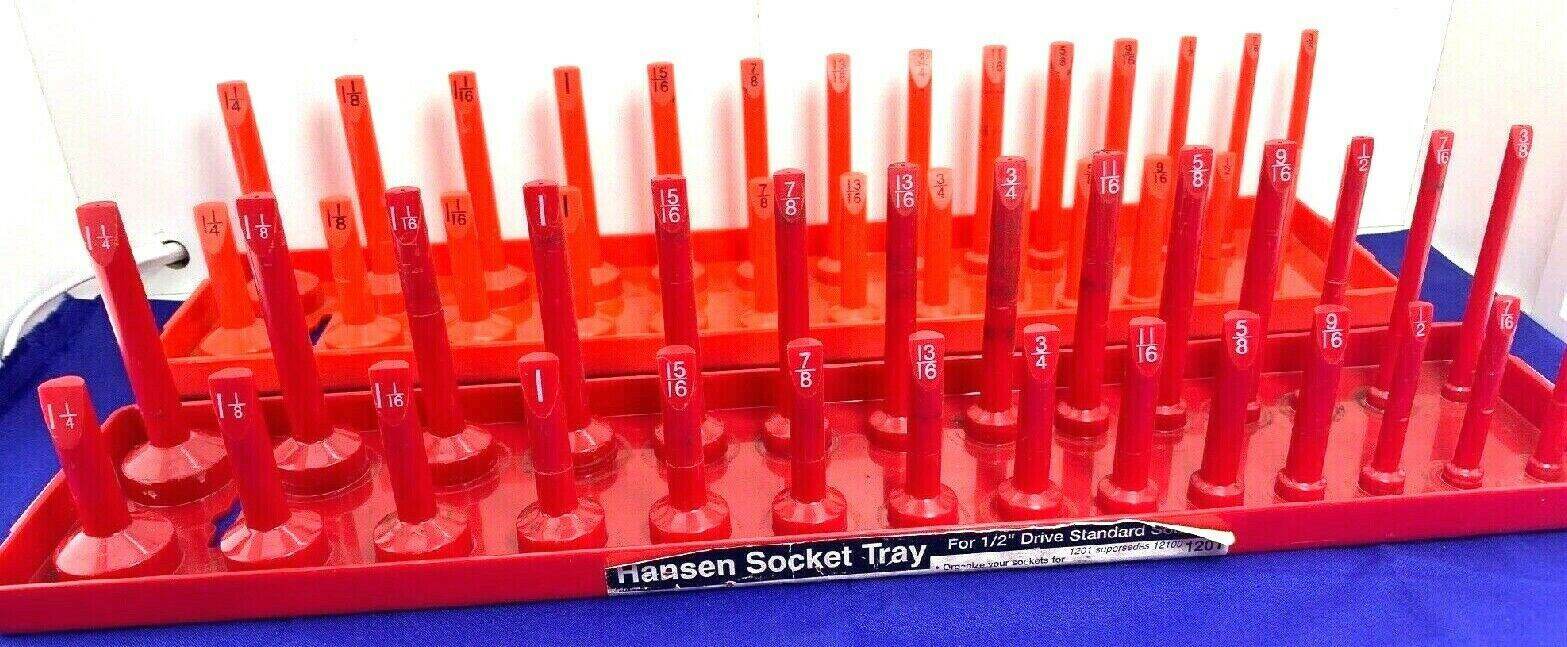 (2) Hansen 1201 2 Row 1/2" Drive 3/8" to 1-1/4" Deep SAE Plastic Socket Tray USA