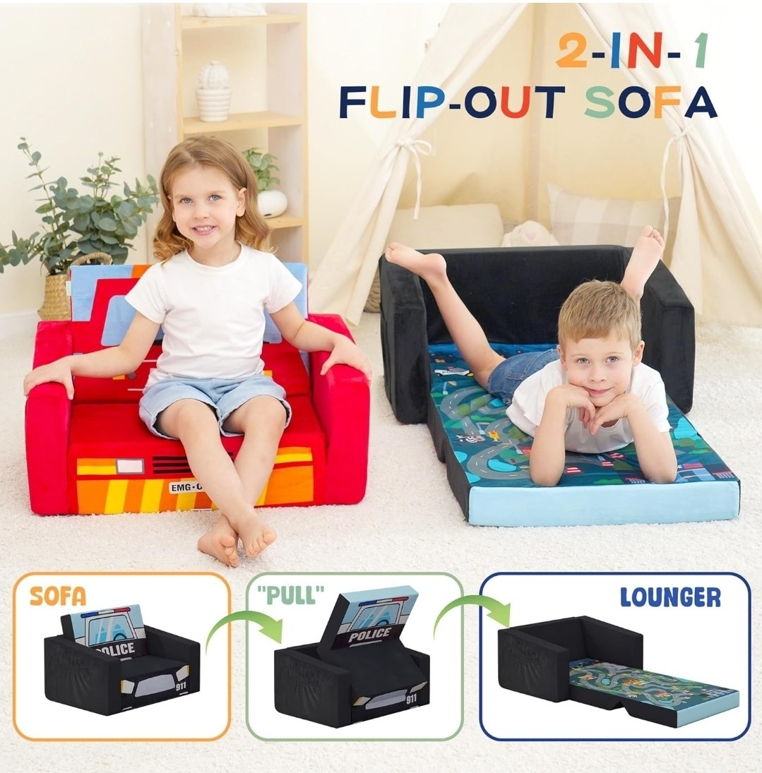2 In 1 Kids Police Sofas Children's Sofa Bed Upholstered Couch Sleepover Chair