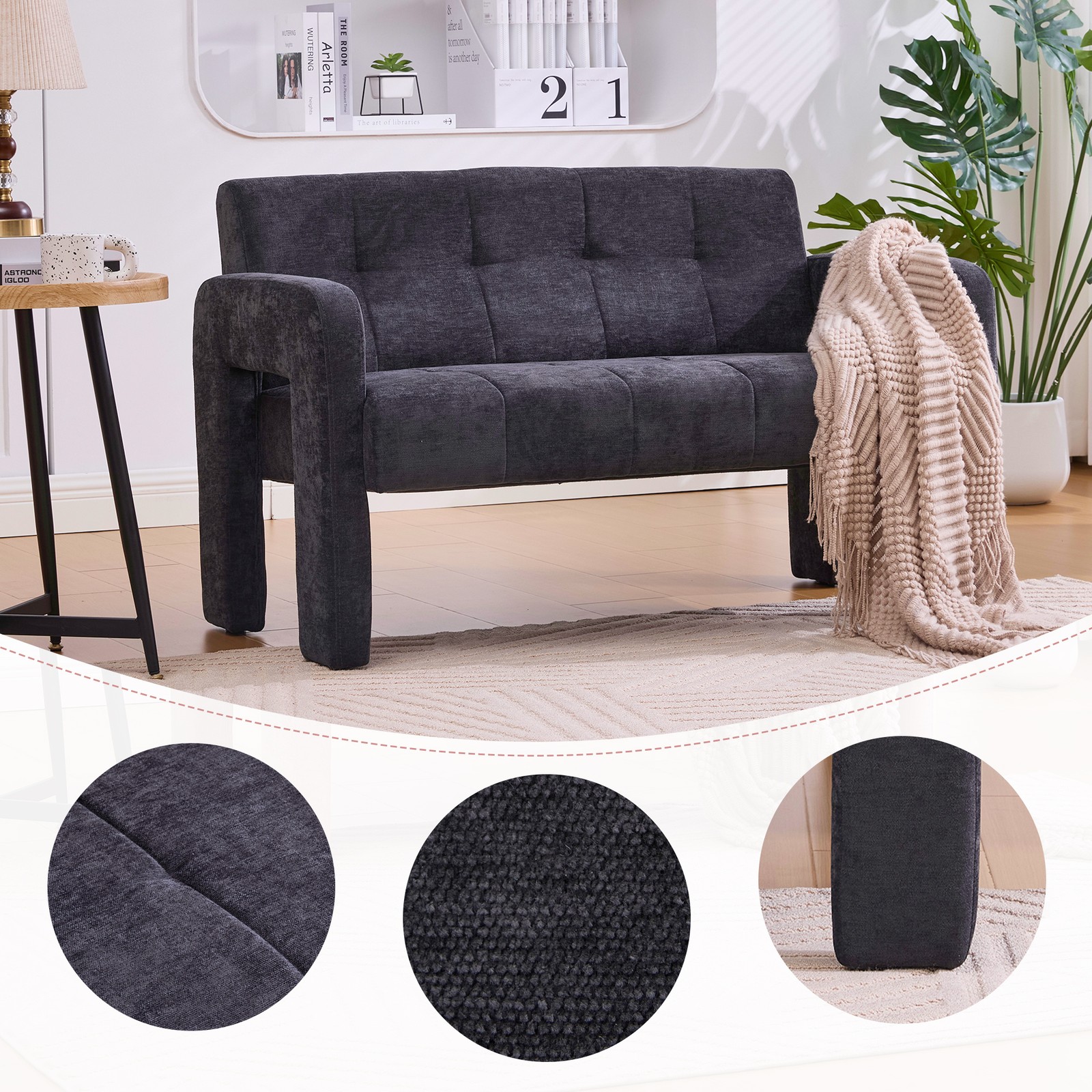 Nordic Modern Double Armchair Loveseat Sofa Chenille Black