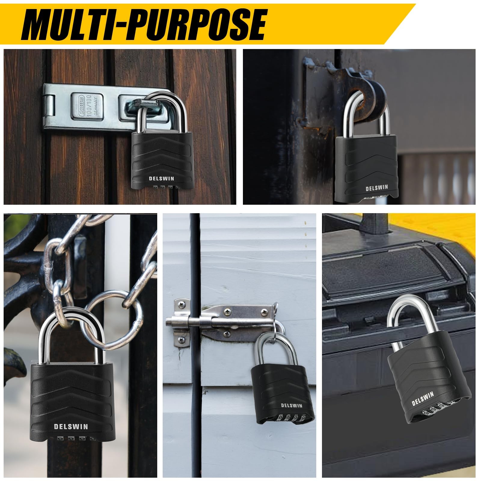 DELSWIN 3 Pack Large Combination Padlock - 4 Digit Resettable Combo Lock with Ha