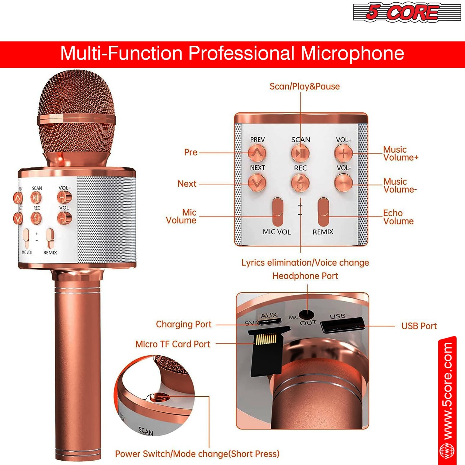 5 Core Microphone Wireless Karaoke Mic with Speaker Portable Bluetooth Microfono