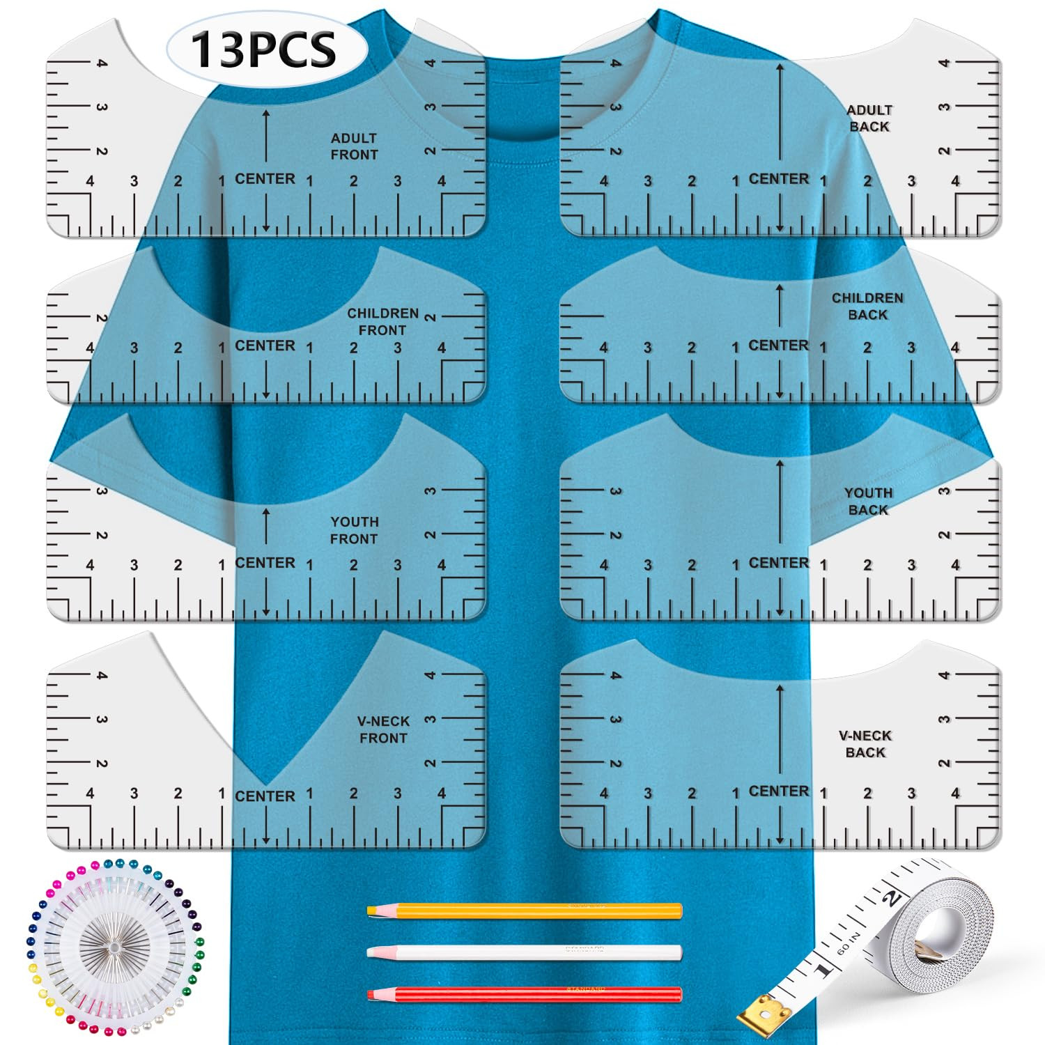 Tshirt Ruler Guide for Vinyl Alignment- 13Pcs Alignment Tool to Center Designs,