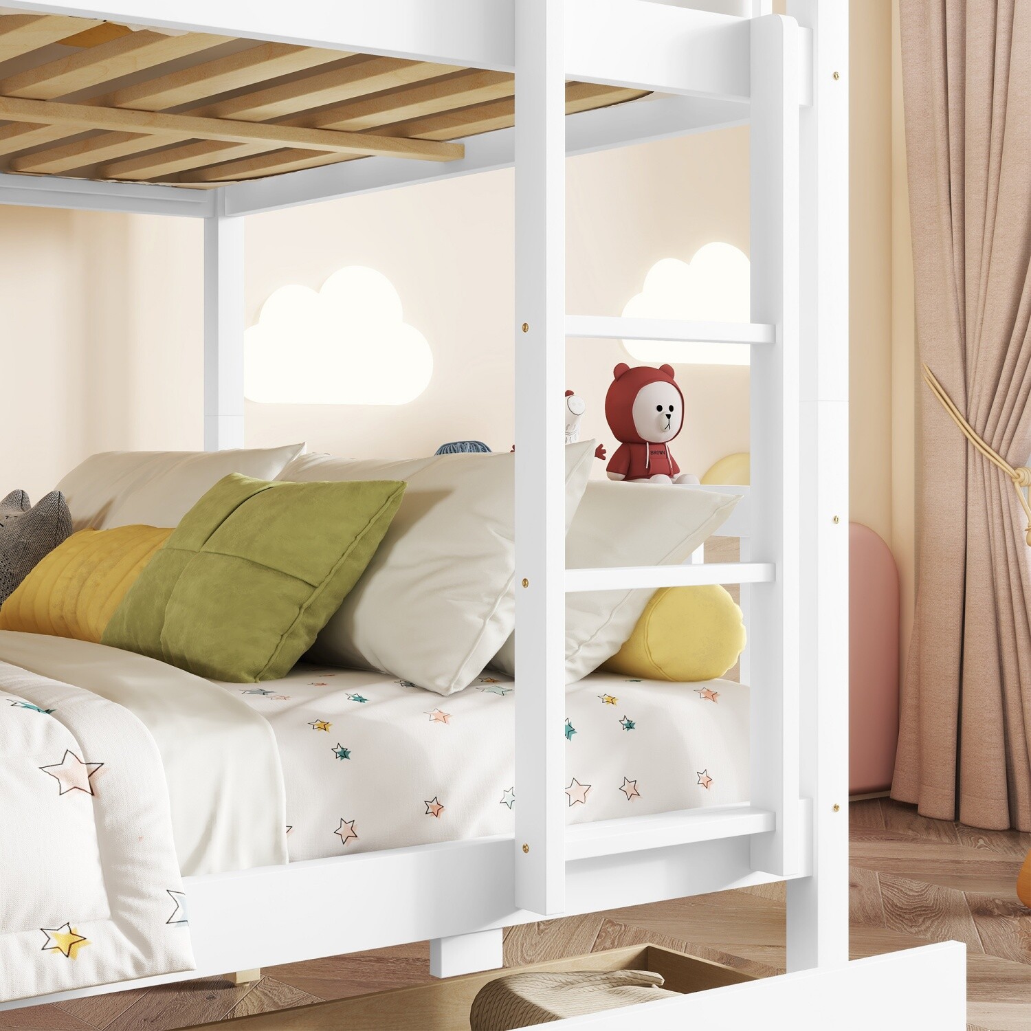 Full Over Full Wood Bunk Bed Convertible Full Size Bed Frame w/ 2 Drawers