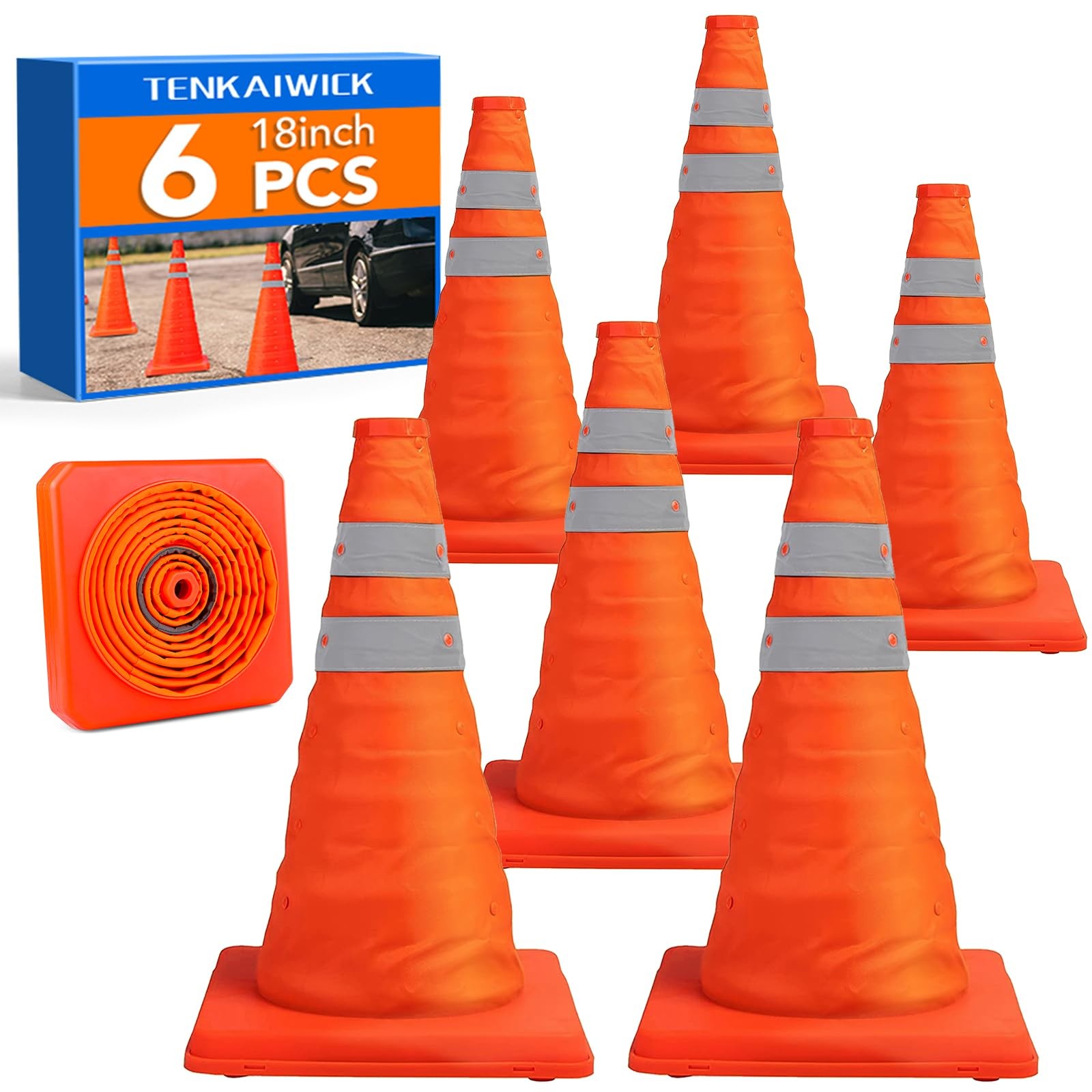 18 Inch 6 Pack Traffic Cones,Collapsible Safety Cones,Multi Purpose Pop-Up Cones