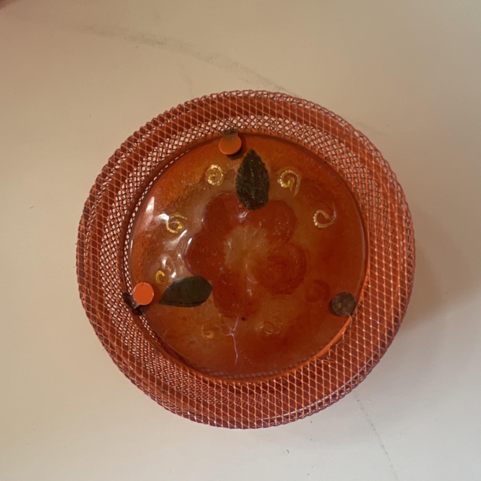 Orange Metal Floral Round  Basket.