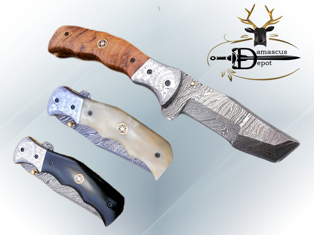 8" Tracker Folding Damascus knife, Engraved bird bolster, Liner lock, Cow sheath