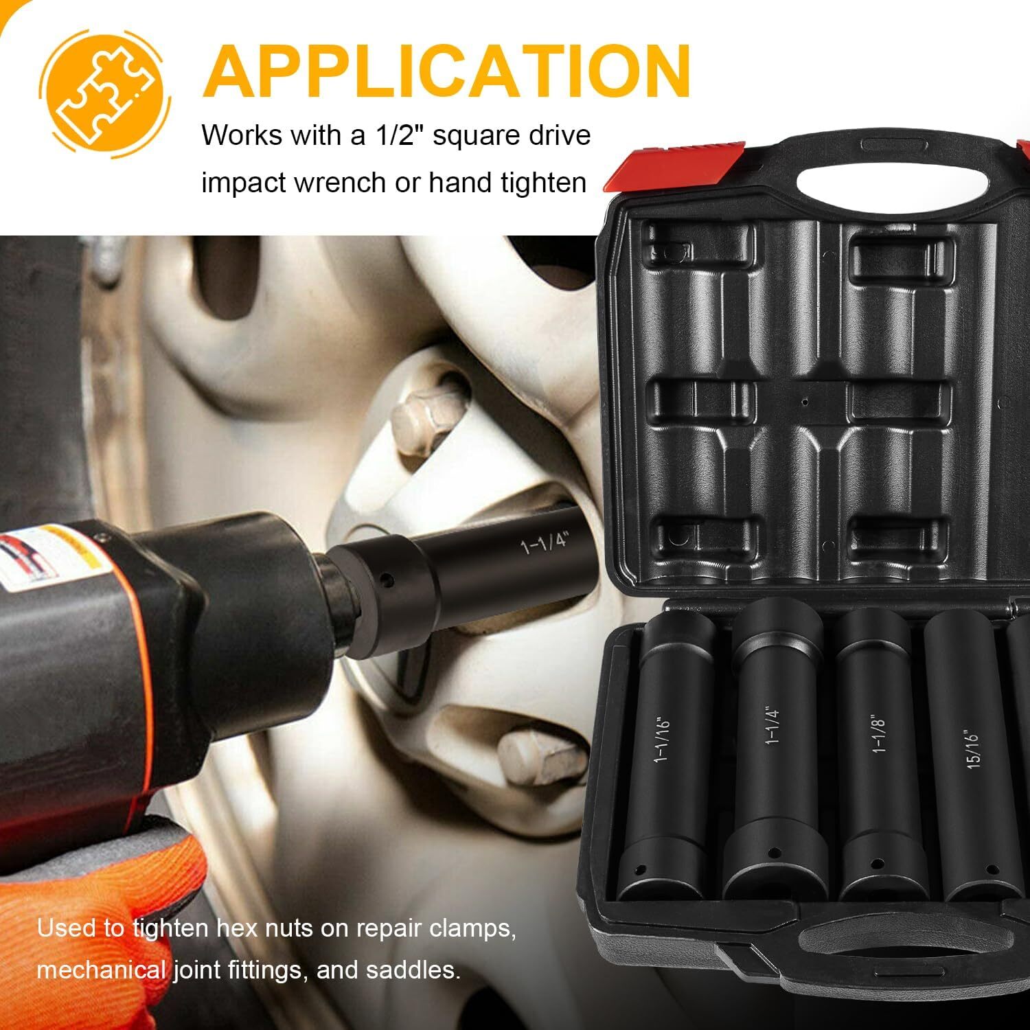 1/2 Inch Drive Heavy Duty Extra-Deep Length Impact Socket Set with Storage Case