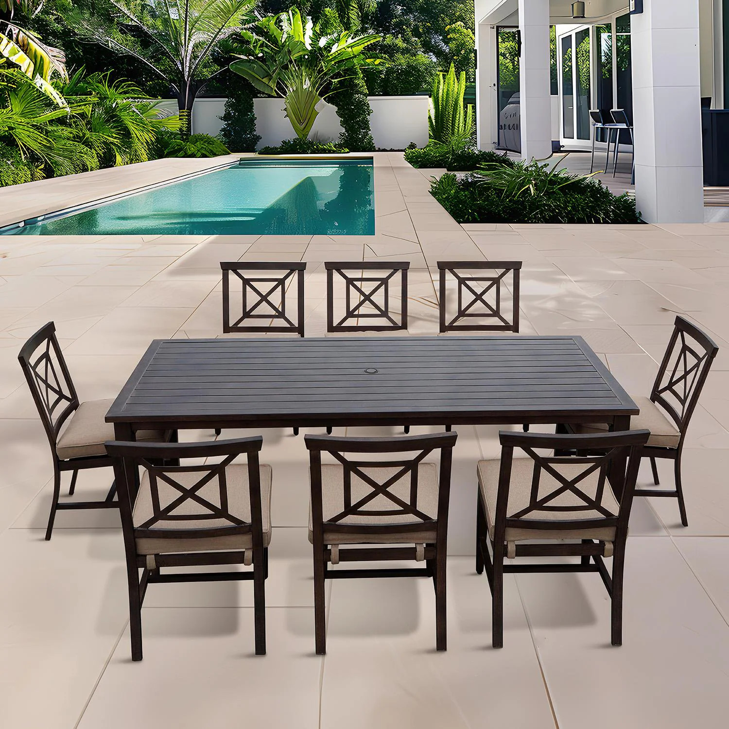 Atlantis 9 Pc Aluminum Dining Set 88 X 42 Inch Table in Walnut/Beige by Darlee