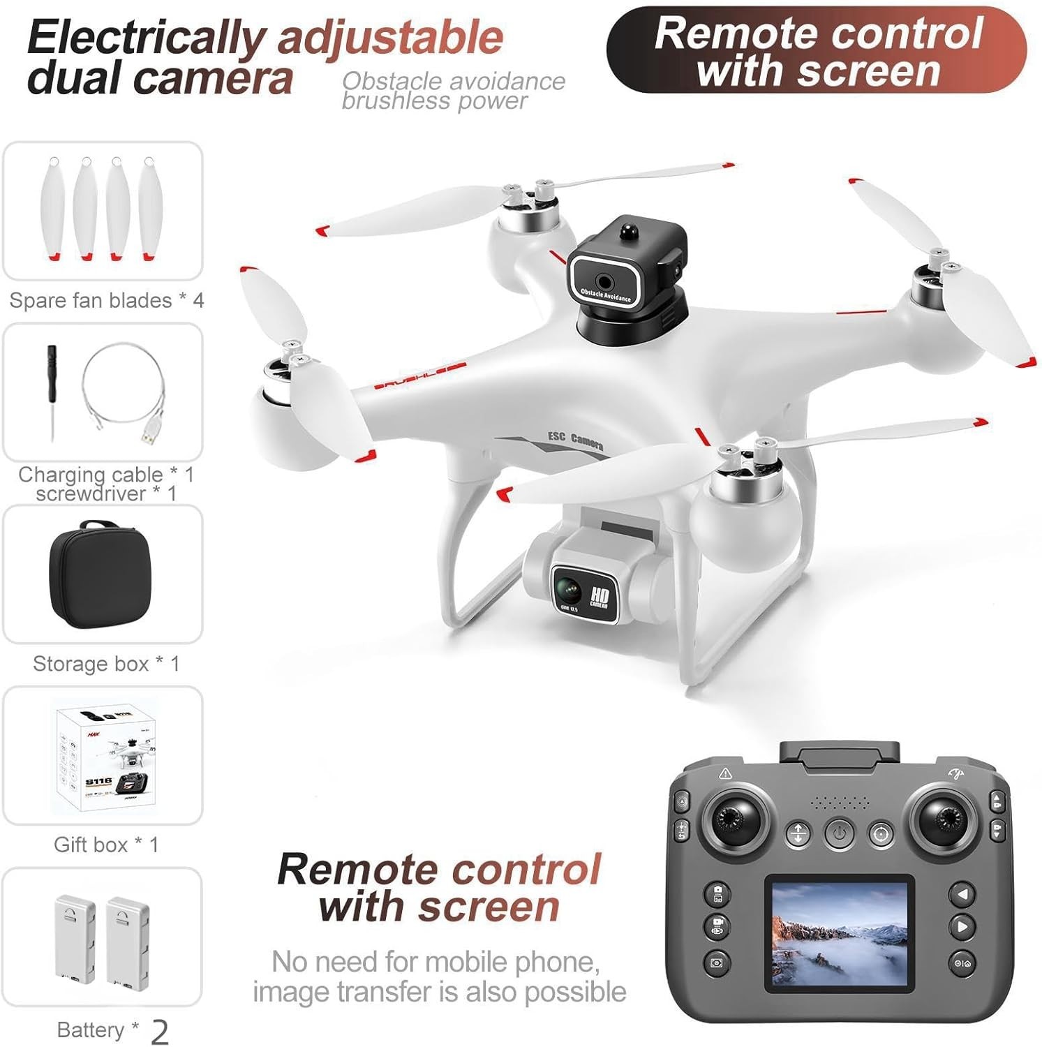 Hobby Drone with Screen Remote 1080P Dual Camera 2 Batteries White