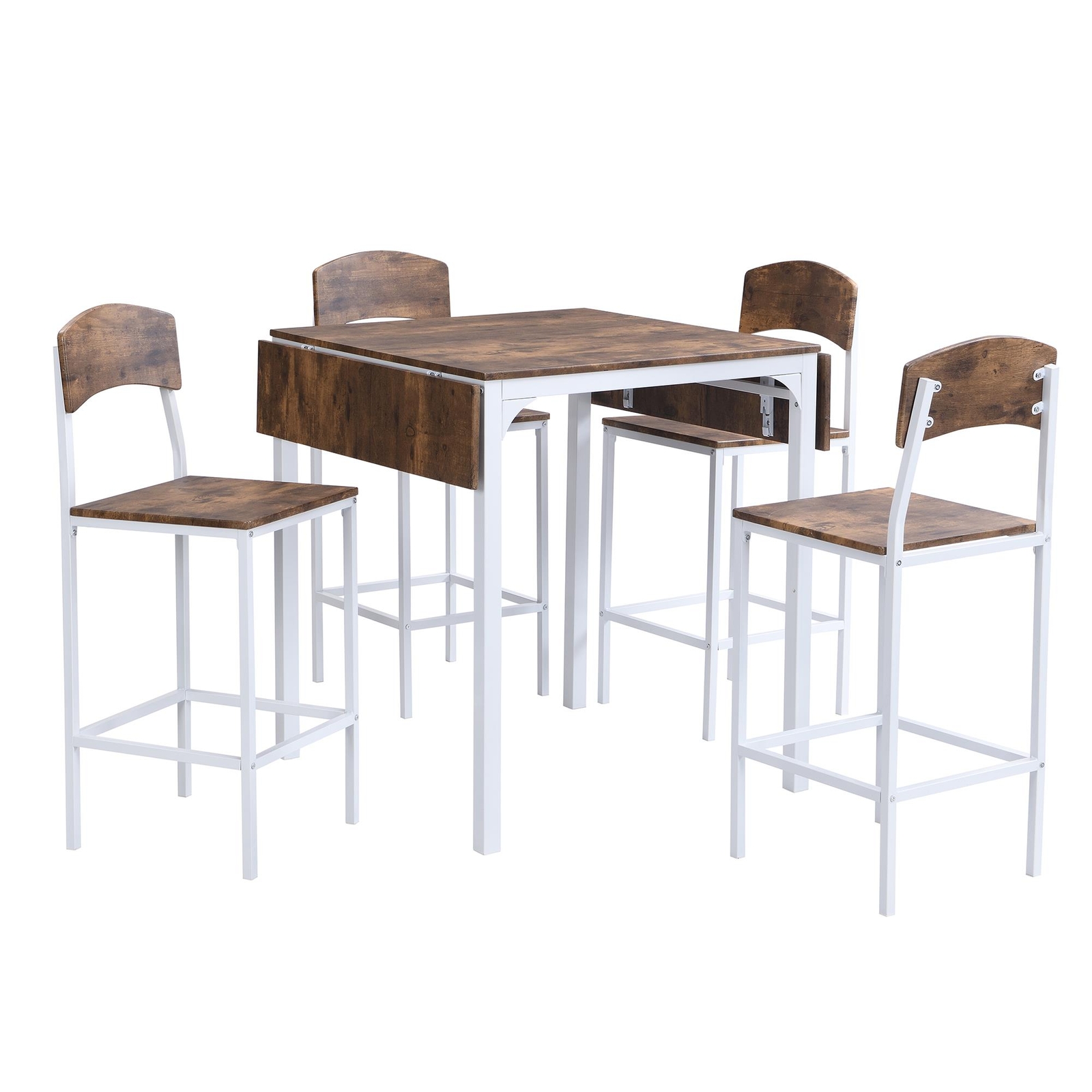 1 Table+4 Chairs White Frame Rustic Brown Tabletop Drop Leaf Dining Table Set